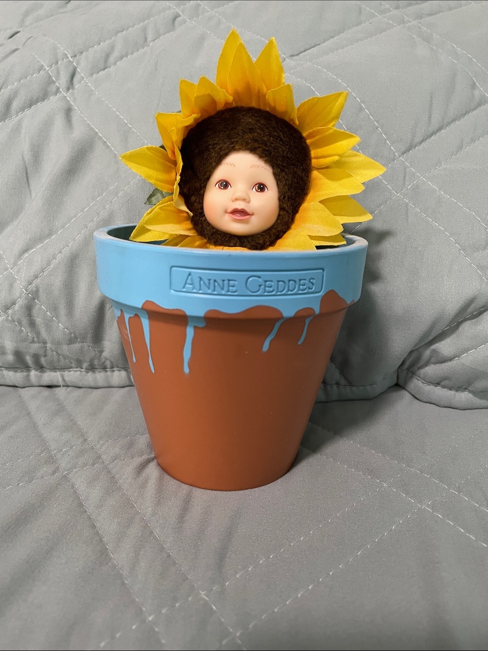 Sunflower Baby Doll in Blue-Topped Terracotta Pot